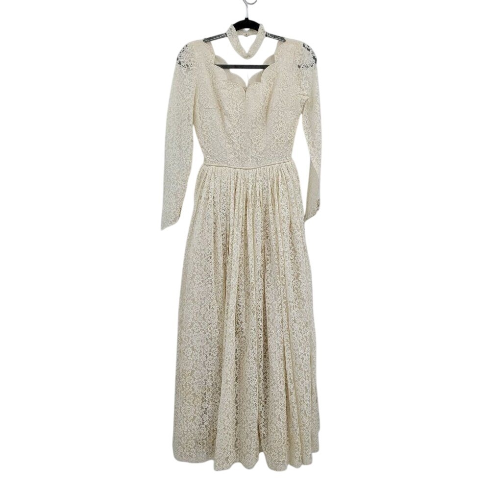 Vtg 70s Handmade‎ Lace Illusion High Neck Victorian  Prairie Wedding Dress Sz XS